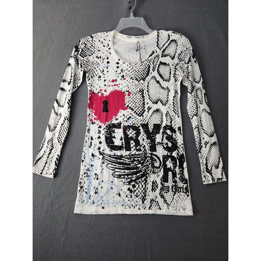 Christian Audigier Y2K Shirt Womens L Crystal Rock Snake Locket Tunic Top NWOT